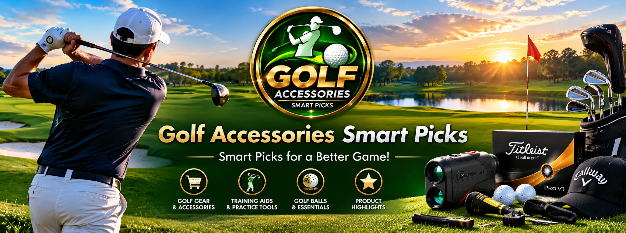 Golf course at sunset with golf accessories